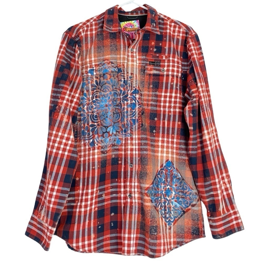 Handmade Floral Flannel Shirt Unisex Size Medium Red Bleached Plaid Button Down